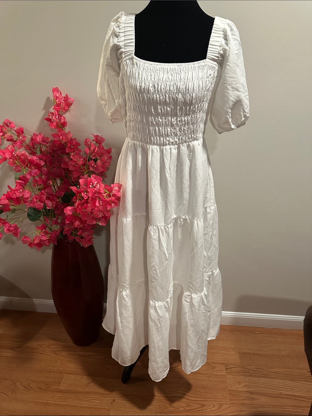 White Smocked Midi Dress with Puff Sleeves